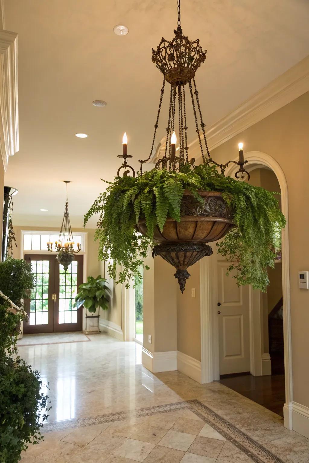 Chandelier turned plant hanger for a quirky decor touch.