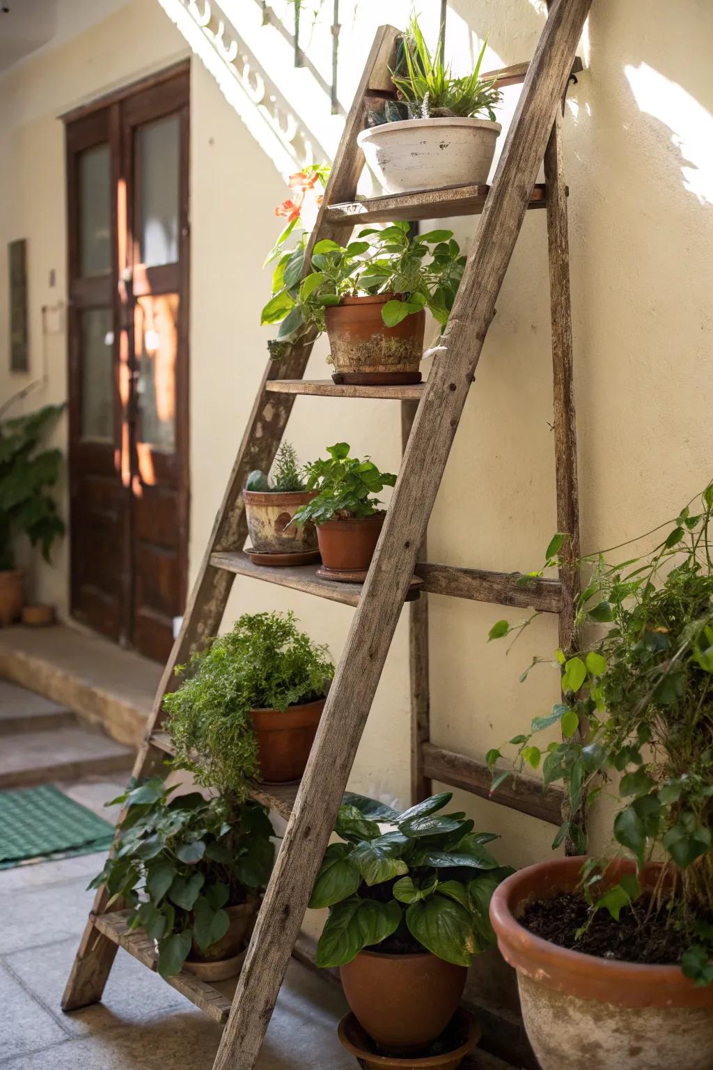 An old ladder transformed into a charming plant shelf.