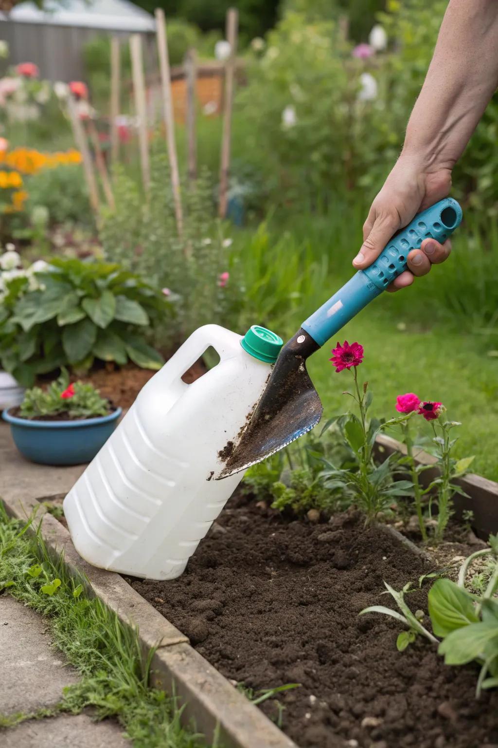 Simplify your gardening tasks with a DIY garden scoop crafted from a milk bottle.