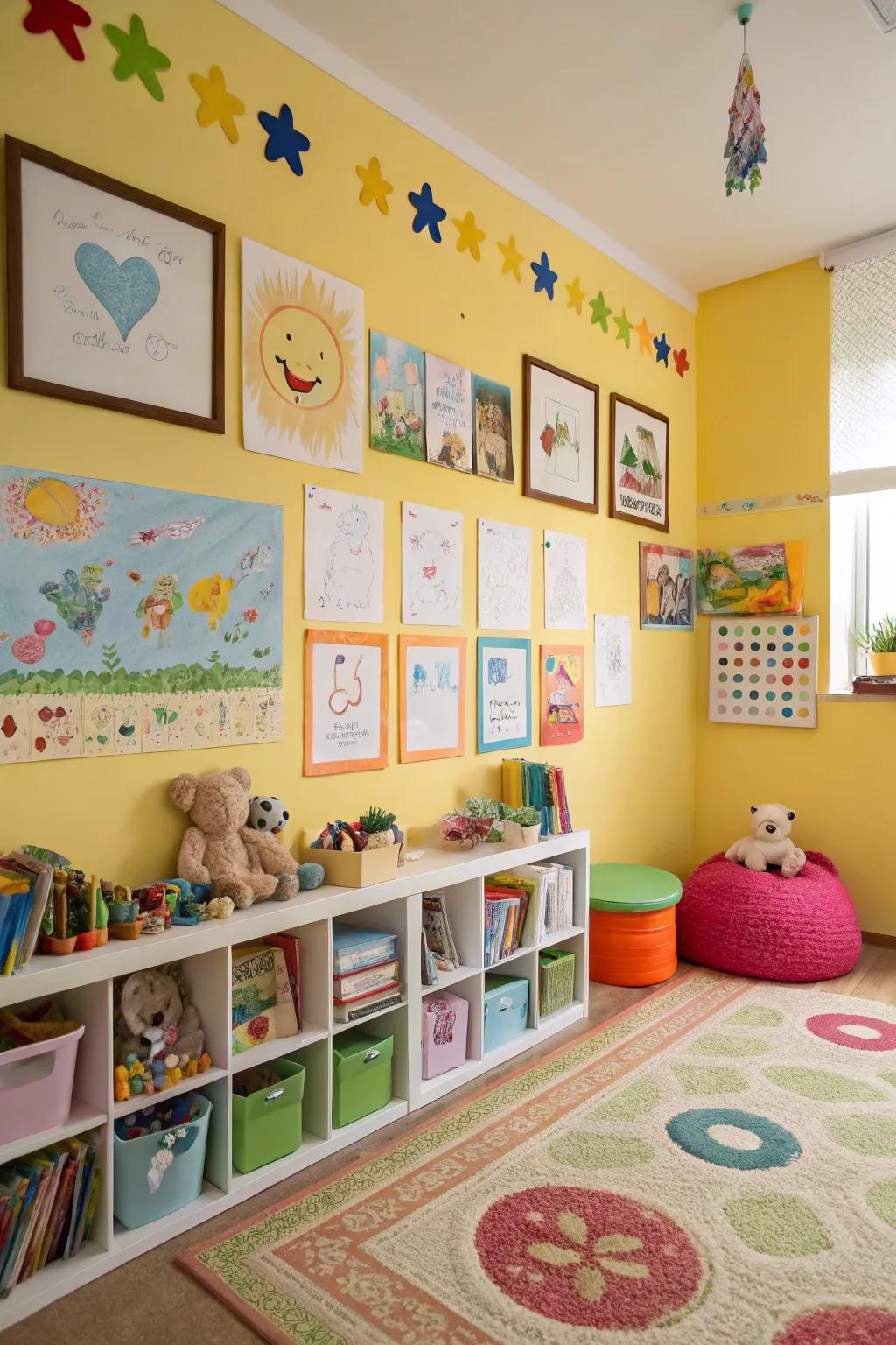 A playroom proudly showcasing children's artwork.