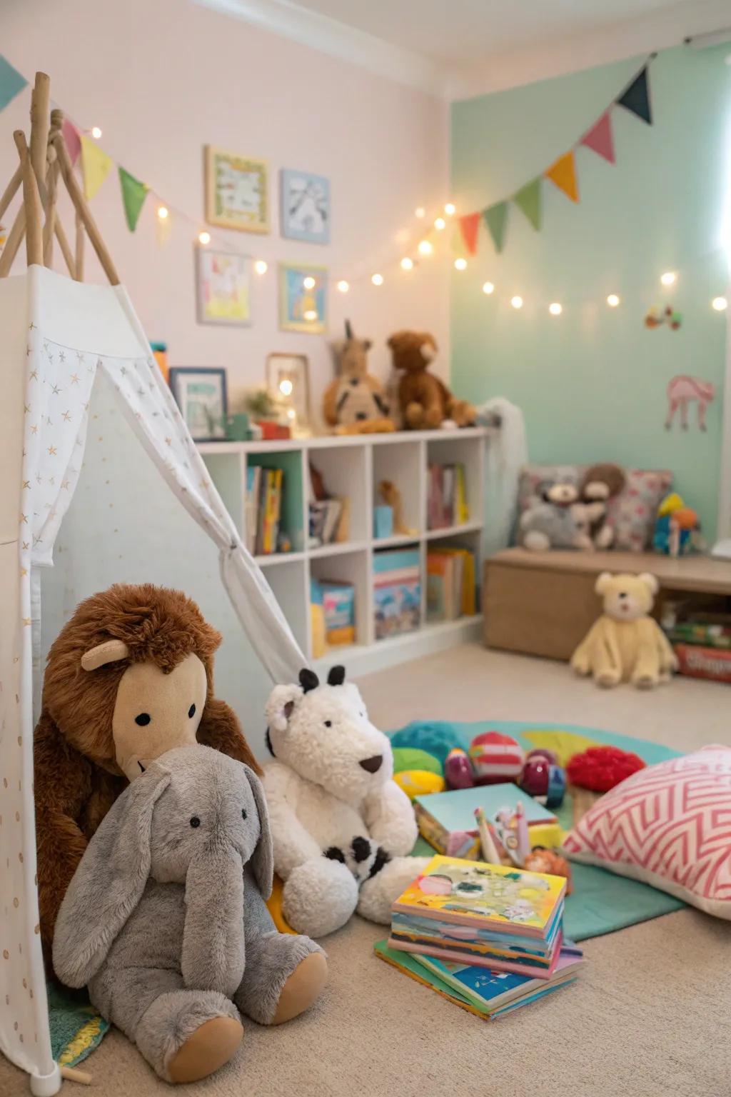 Create a stuffed animal zoo for a fun and engaging storage solution.