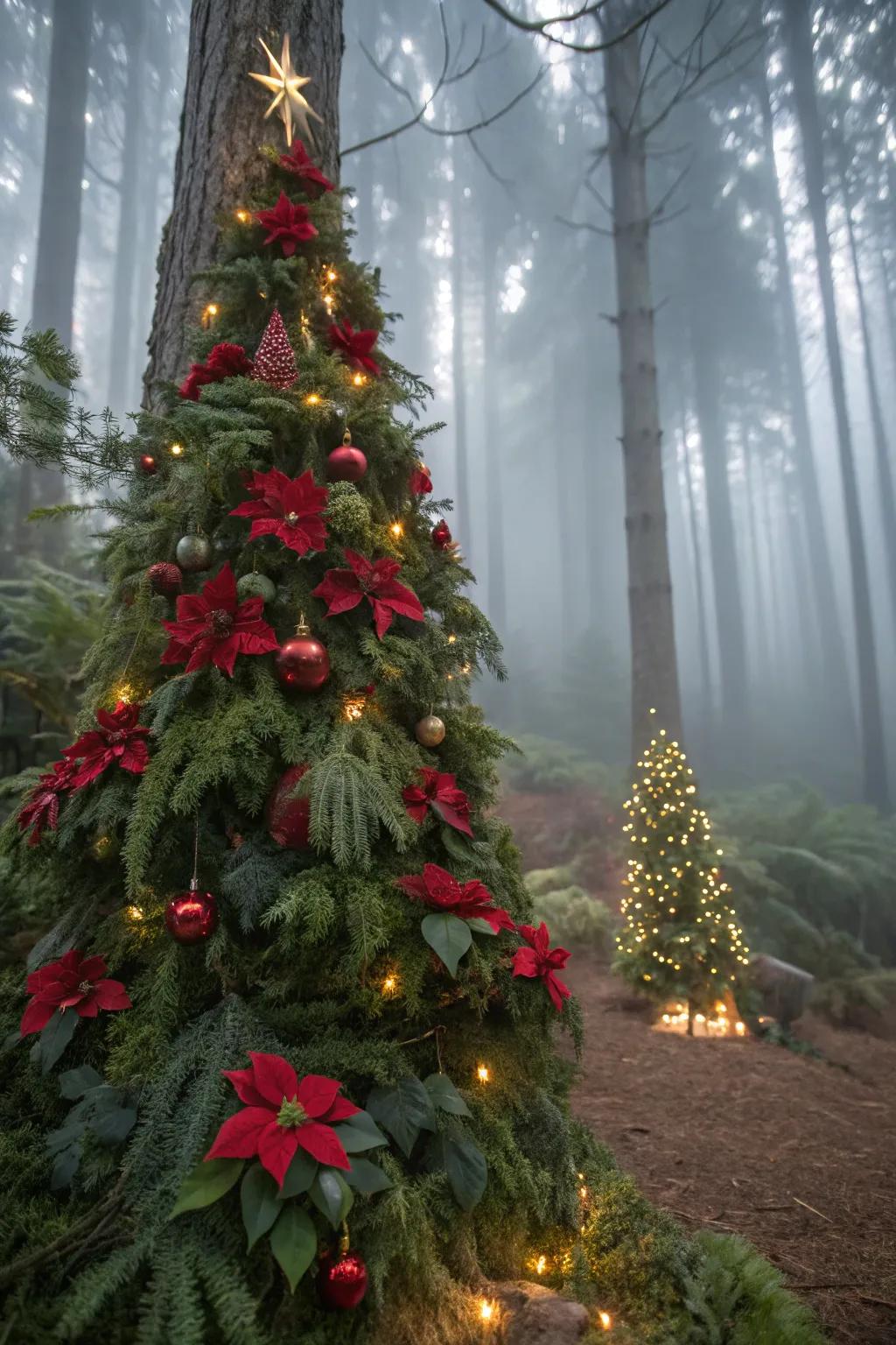 Transform your tree into an enchanted forest with greenery and poinsettias.