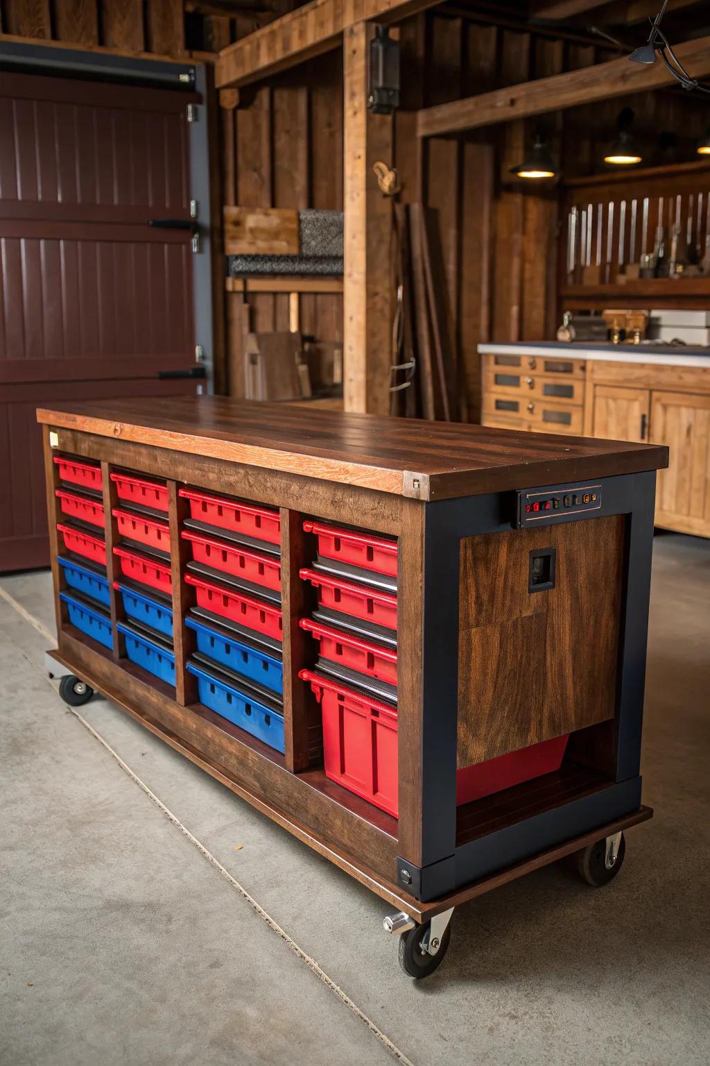 Elevate your workspace with a sleek, mobile workbench that combines style and functionality.