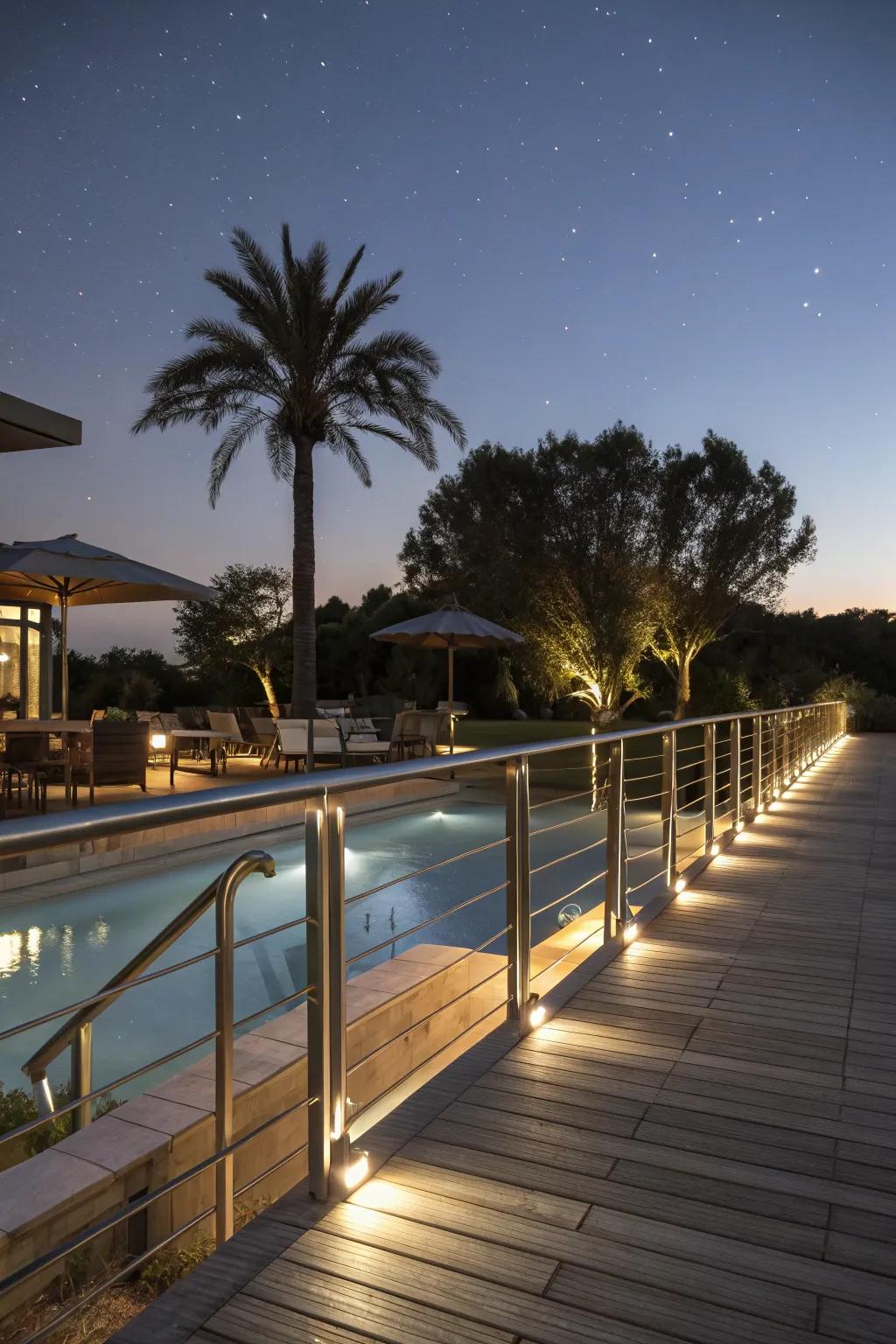 Illuminated railings enhance evening ambiance on your pool deck.