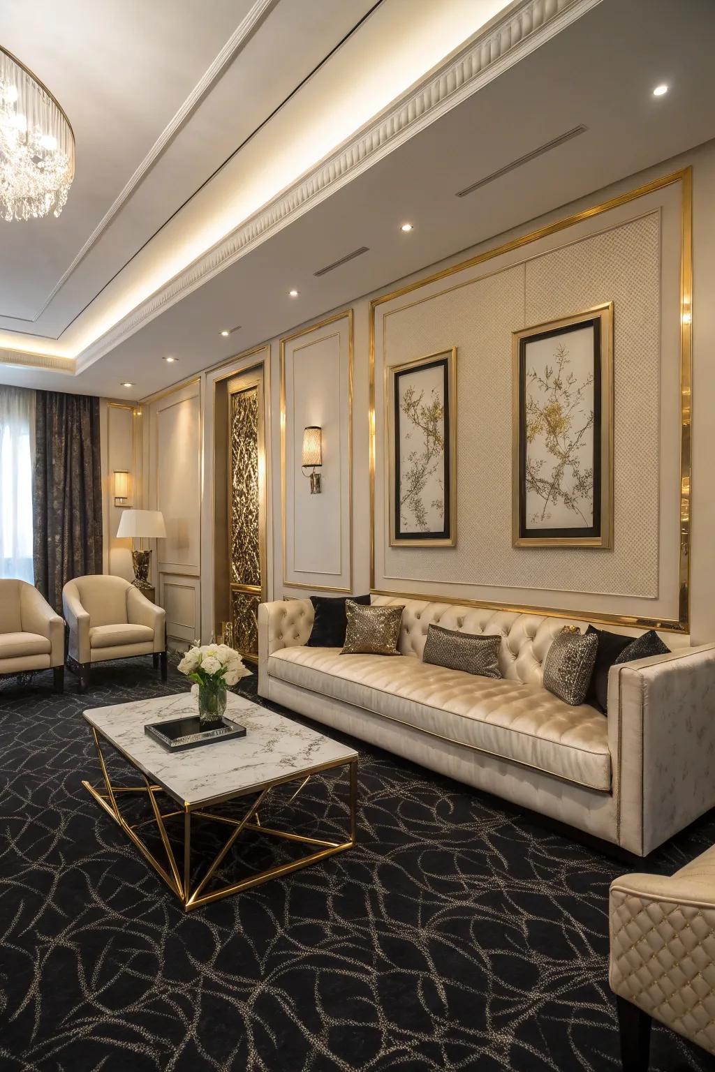 Elegant black carpets provide a touch of drama and sophistication.