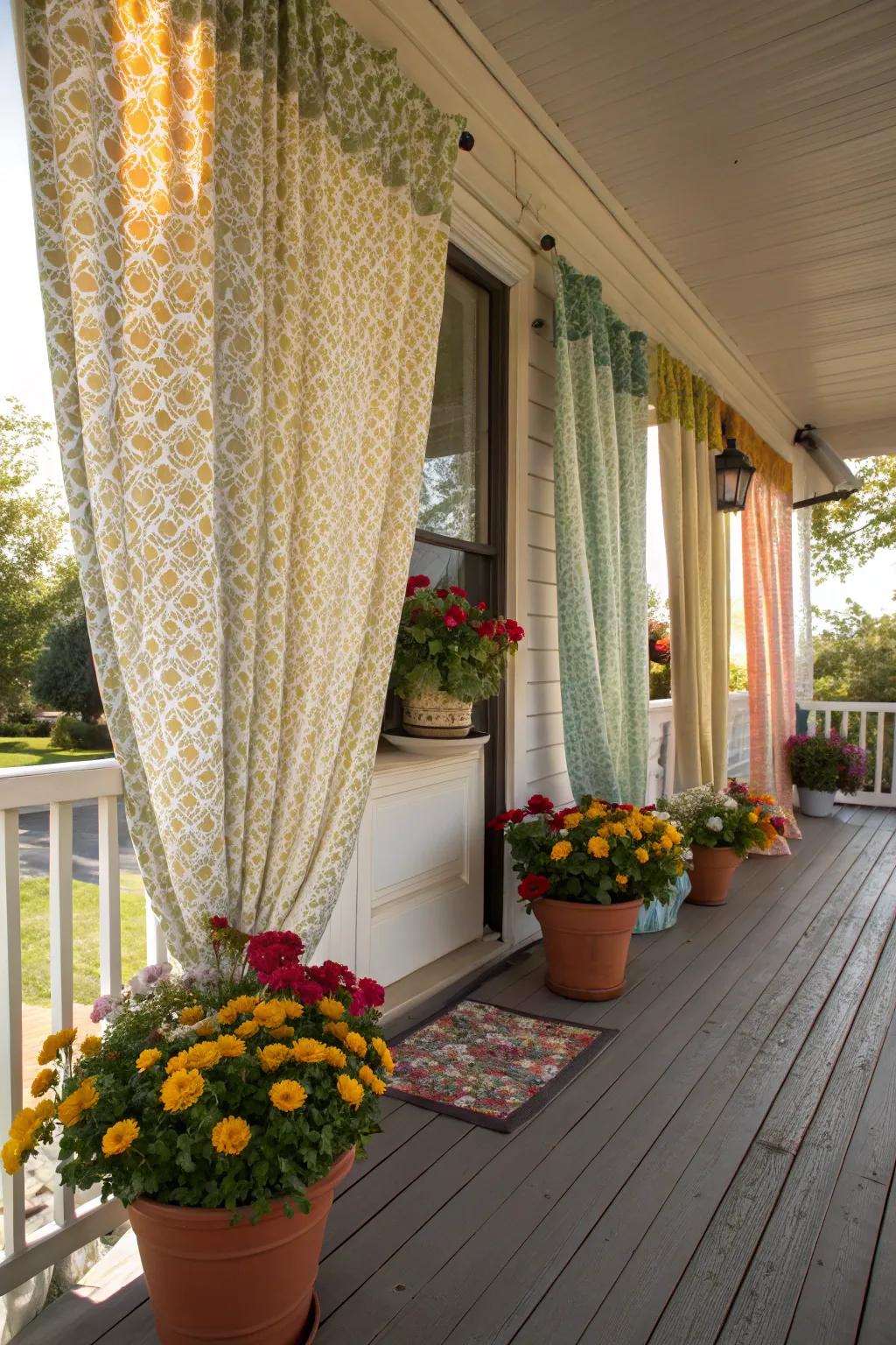 Decorative fabric curtains add a splash of color to your porch.