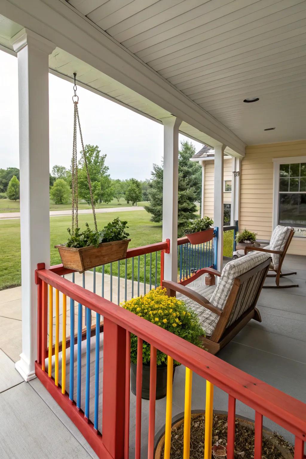 Bold colors make your porch railings a centerpiece.