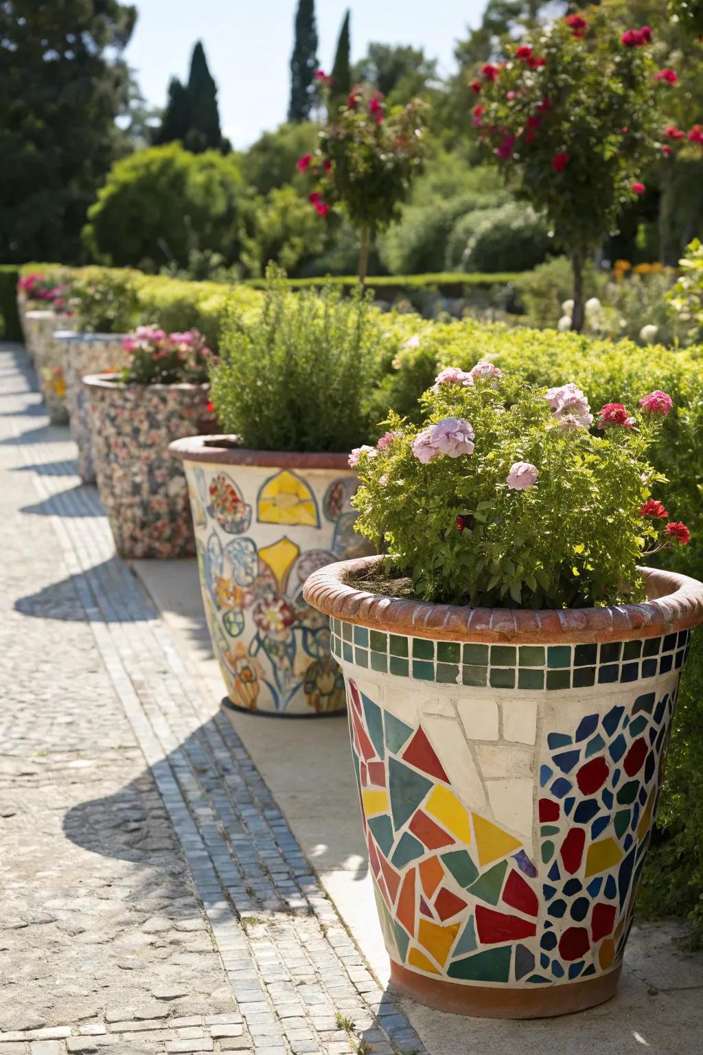 Mosaic patterns turn plant pots into unique art pieces.