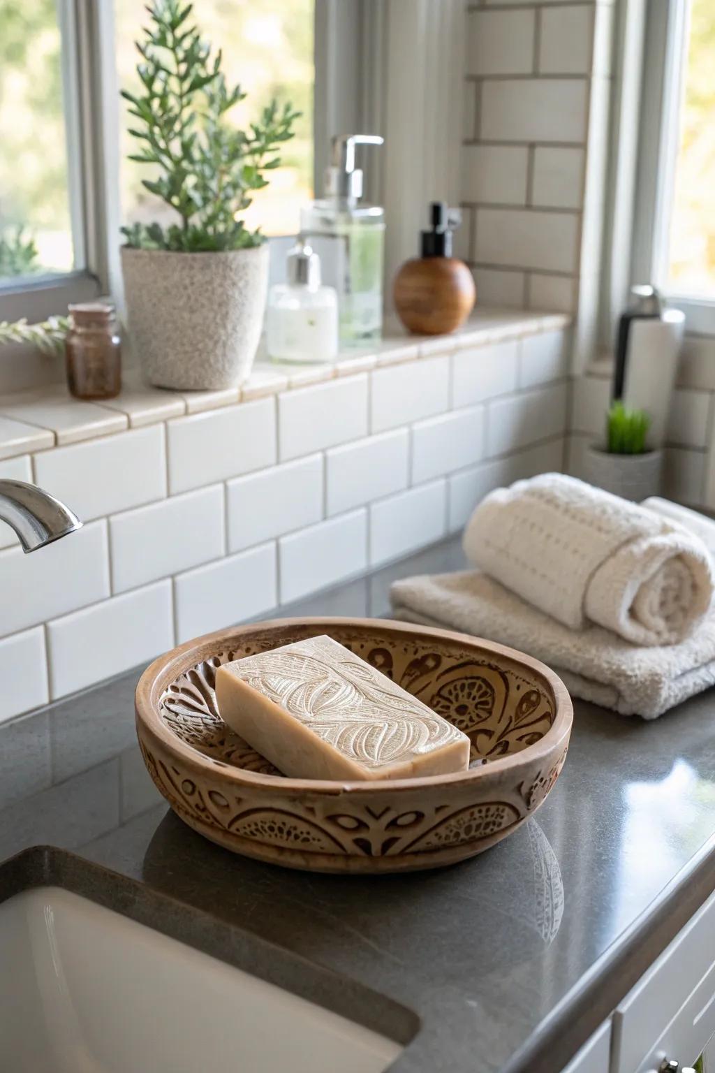 A unique soap dish adding style to the bathroom.