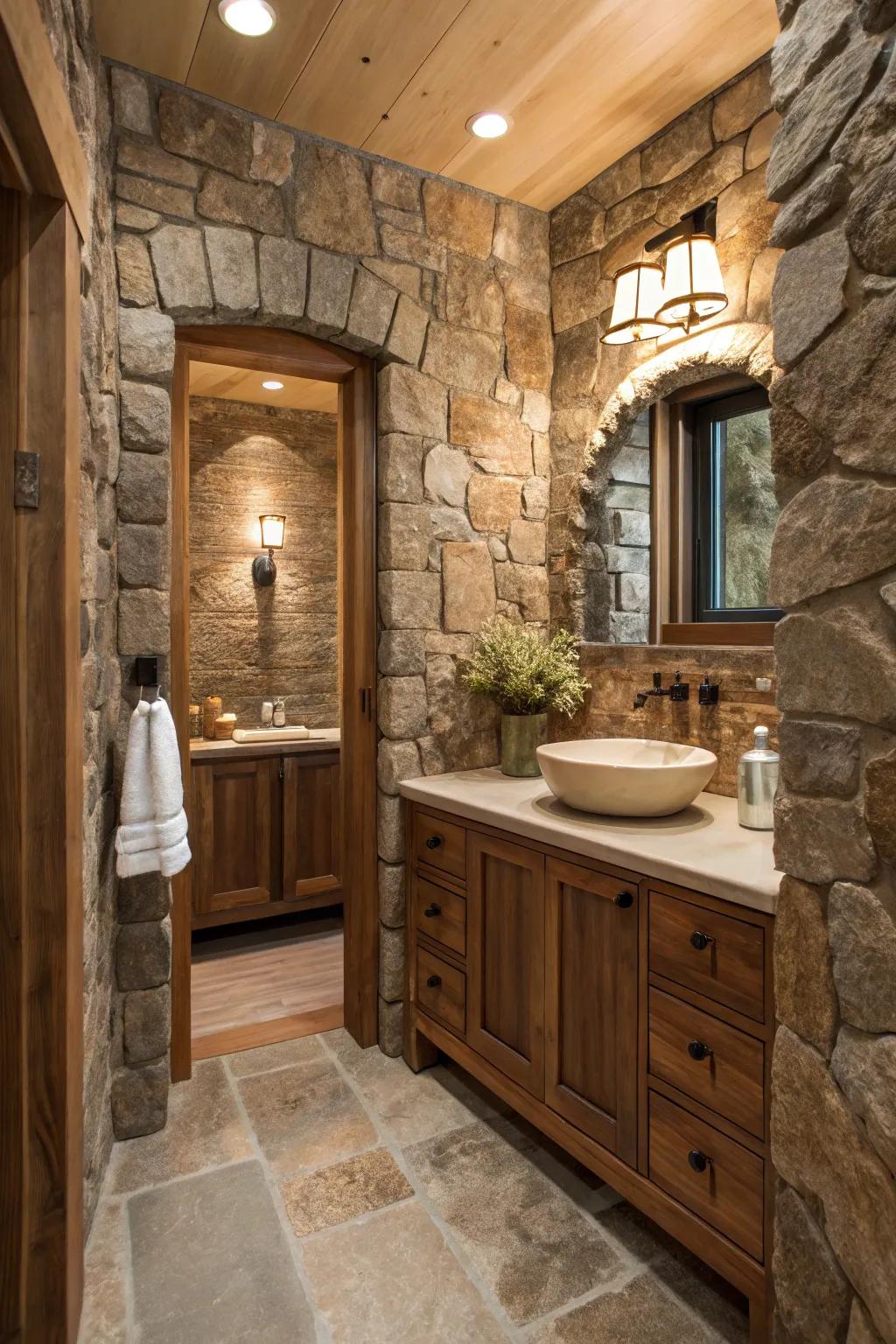 Natural materials like stone and wood add warmth and texture to your powder room.