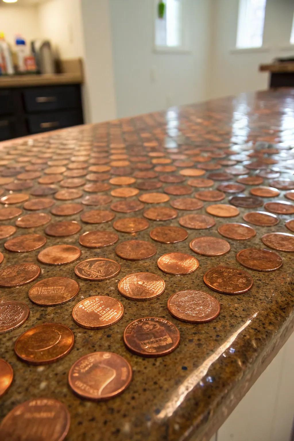 A penny-embedded tabletop adds unique charm and character.