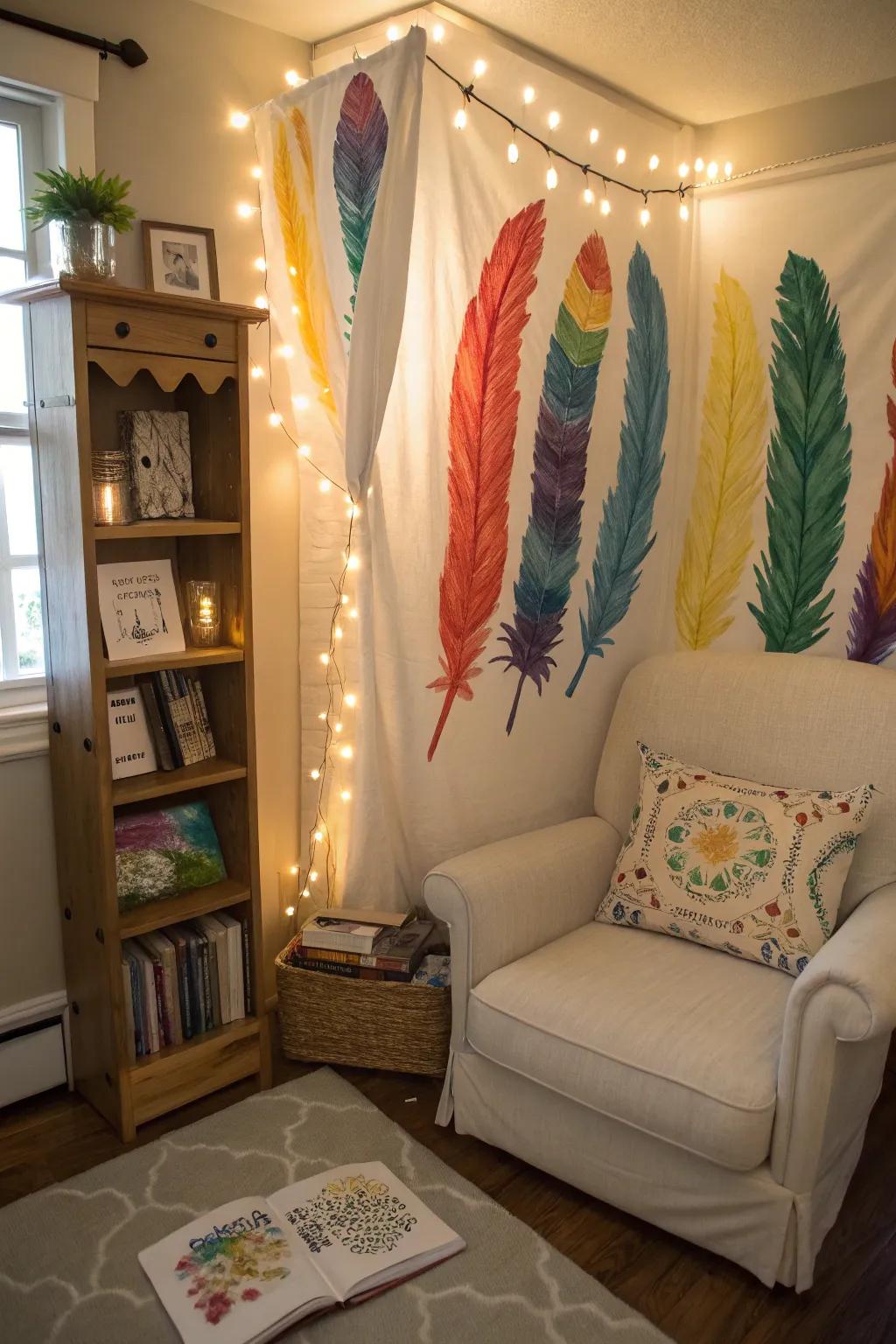 Rainbow feathers bringing a whimsical touch to a reading nook.