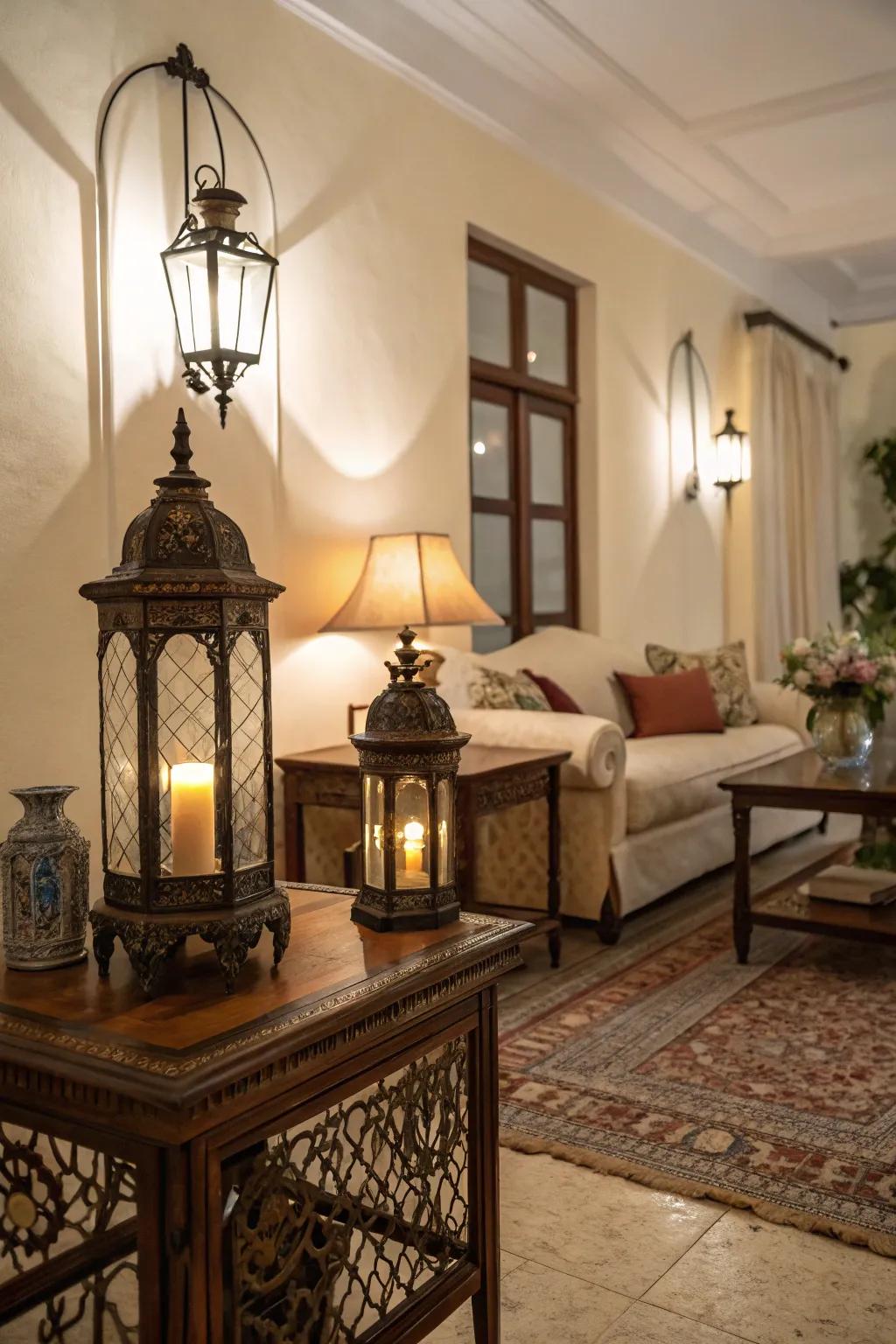 Antique lanterns adding a touch of history to a living room.