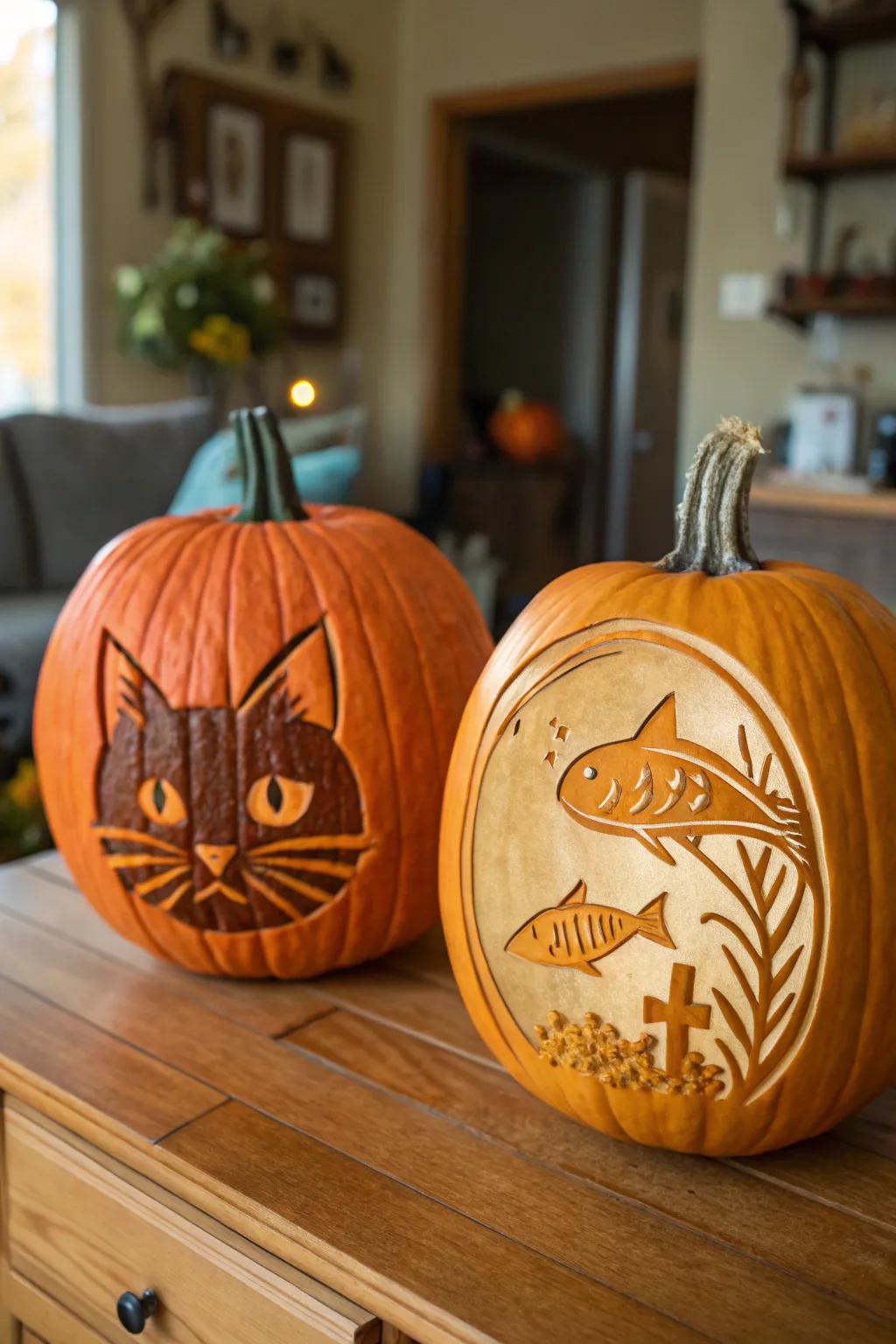 A cat and fishbowl carving brings playful interaction to pumpkin decor.