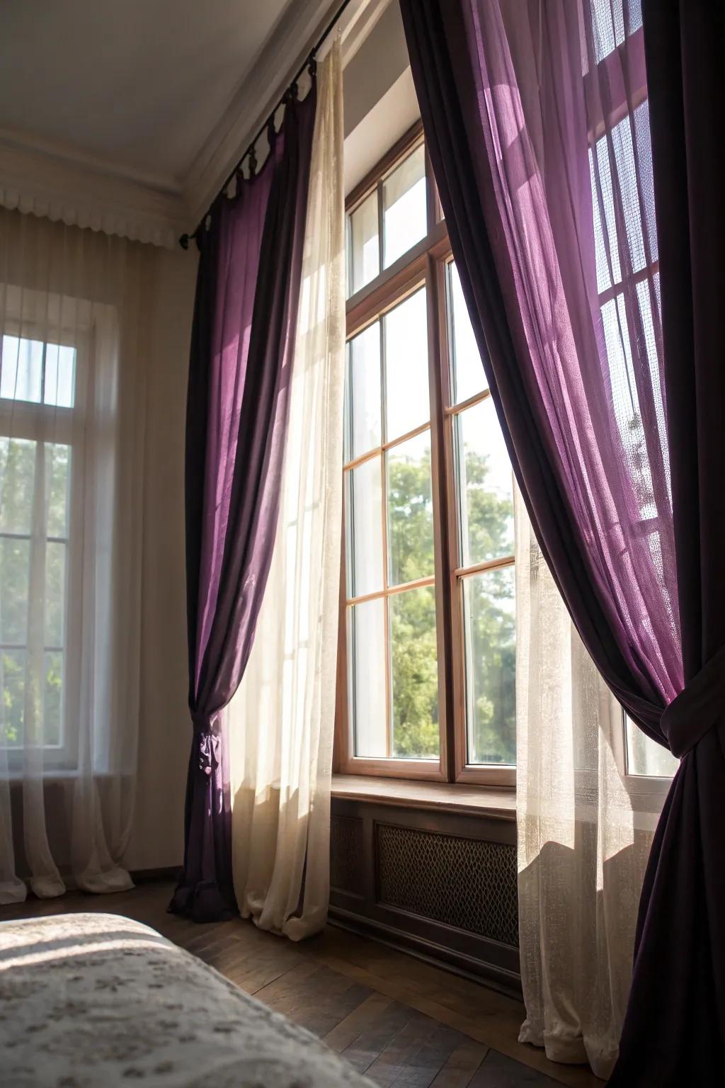 Elegant purple and black curtains beautifully framing the bedroom windows.