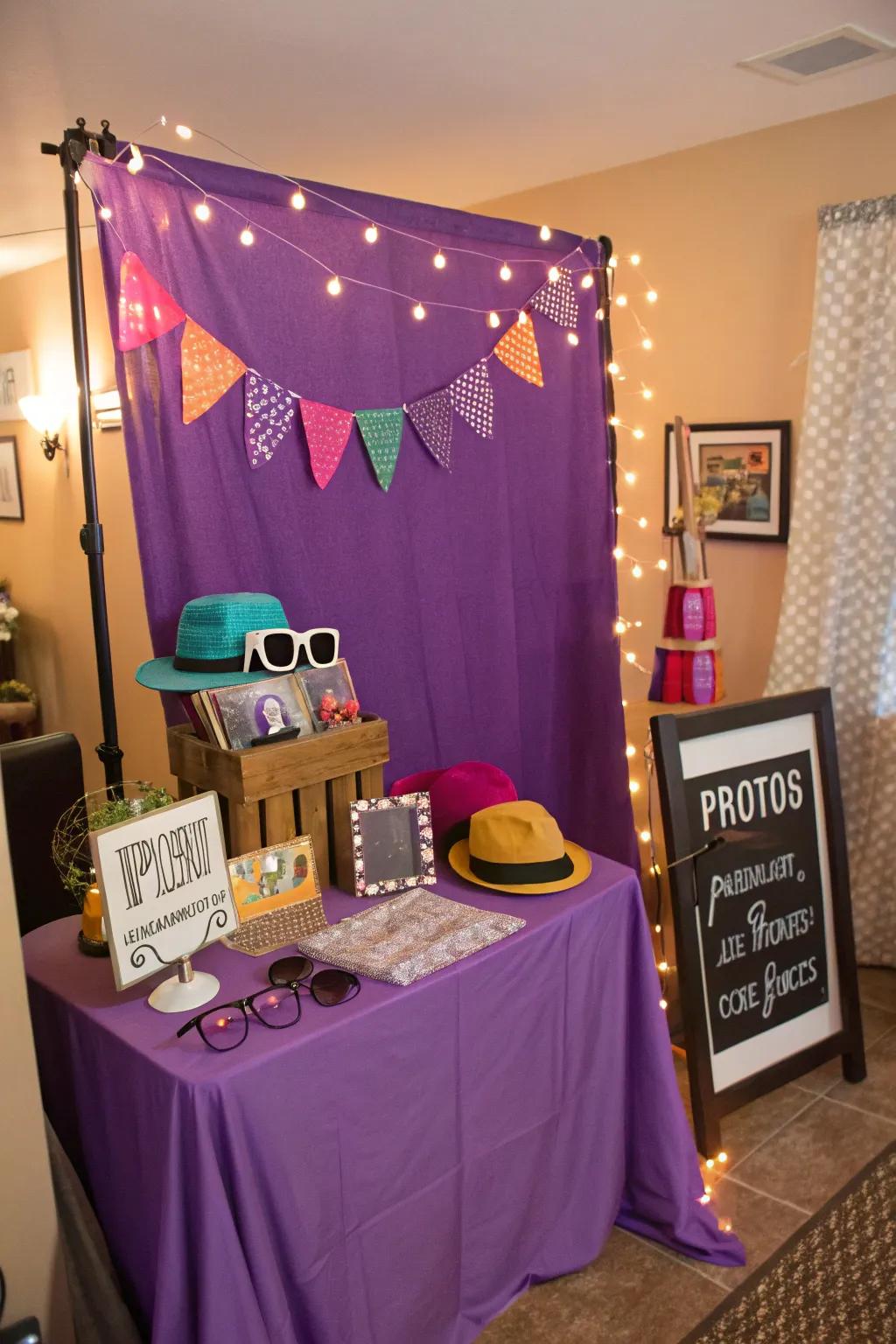 A DIY purple photobooth for capturing fun party memories.