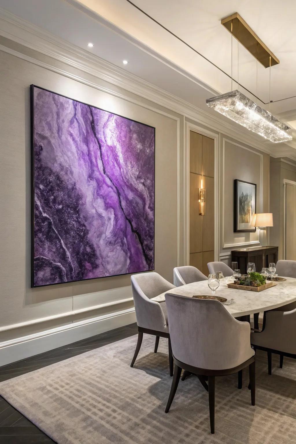 Purple artwork adds depth and a modern touch to the dining room.