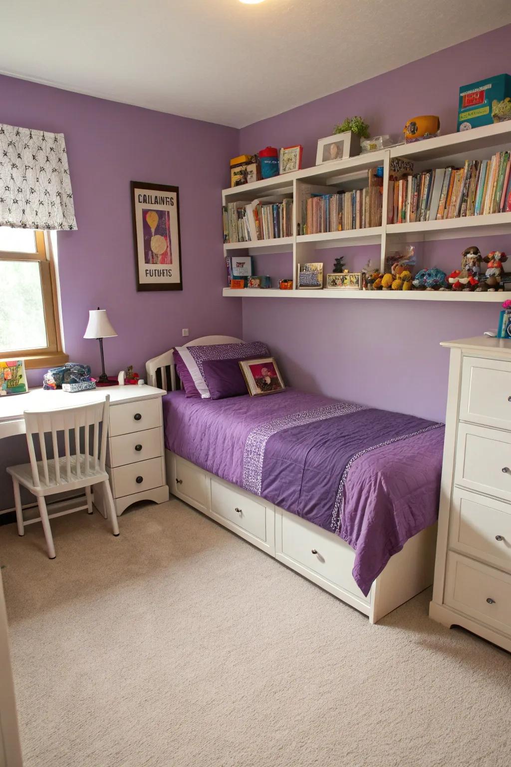 A mix of purple and neutral tones creates balance.