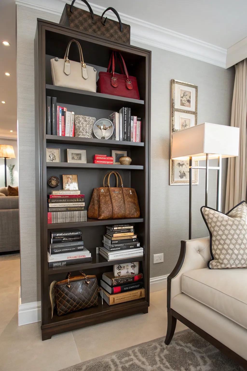 A bookcase is a versatile solution for purse display.