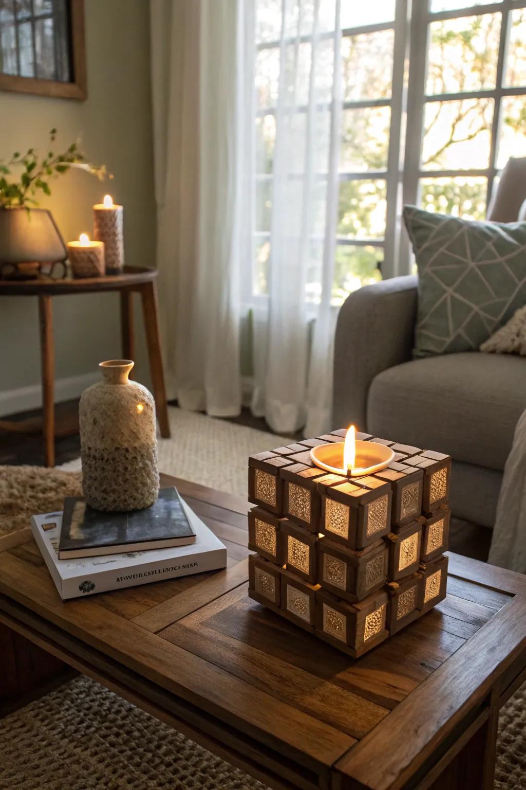 A puzzle cube candle holder creates a cozy ambiance in this room.