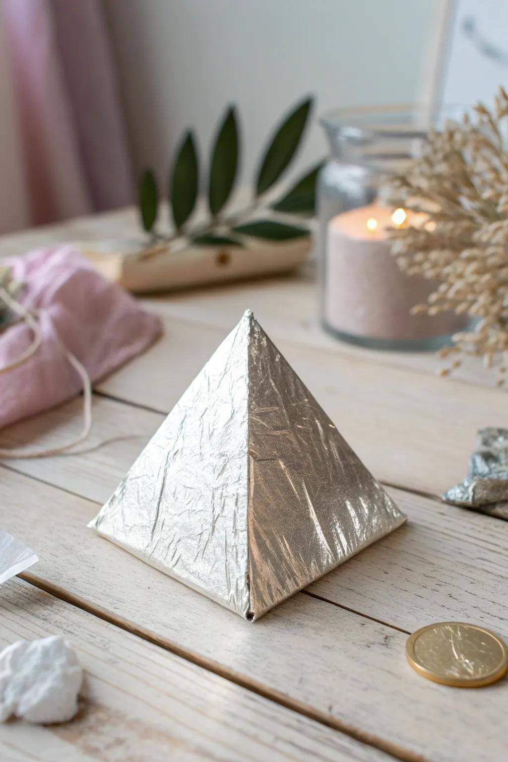 Discover the charm of simple crafts: A reflective pyramid that sparkles with creativity.