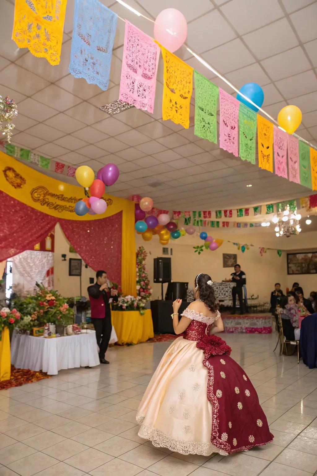 A vibrant cultural fiesta-themed quinceanera with traditional decor and music.