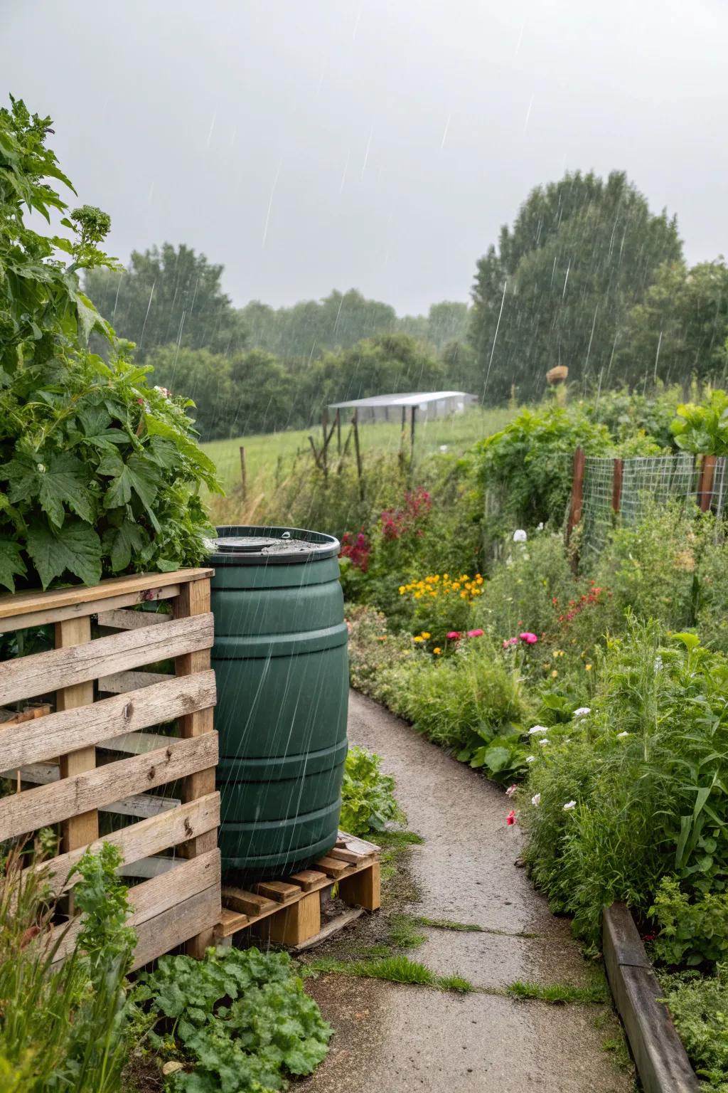 Recycled materials can create a unique and sustainable rain barrel enclosure.