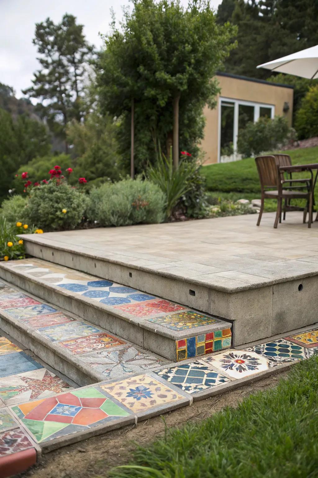 Tiled accents bring cultural richness to this raised concrete patio.