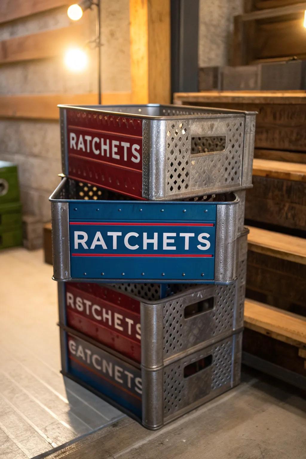 Maximize efficiency and style with stackable storage bins - the perfect solution for organizing your ratchets with flair.