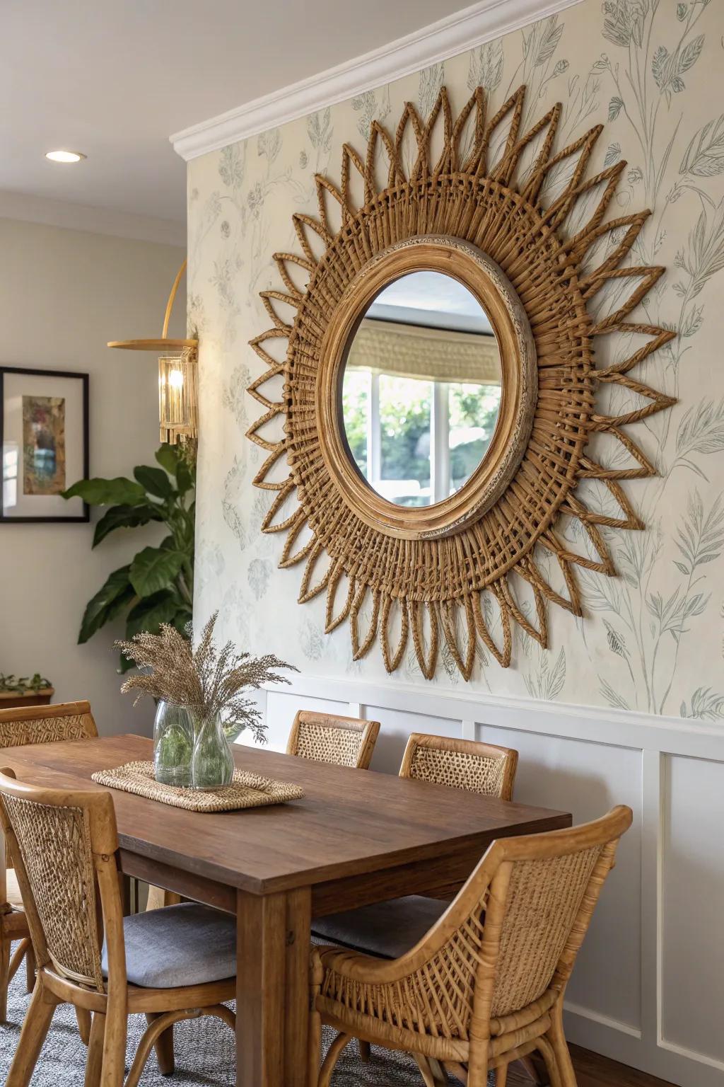 A rattan sunburst mirror adds vintage charm to any room.