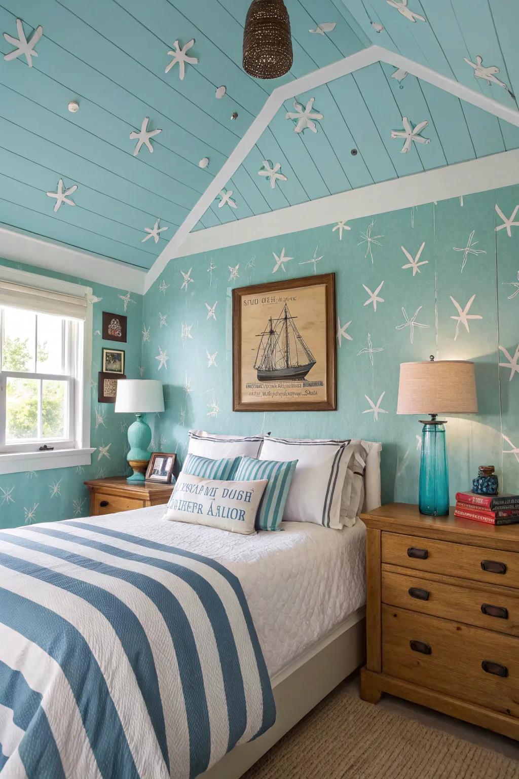 A bedroom with a turquoise recessed ceiling for coastal vibes.