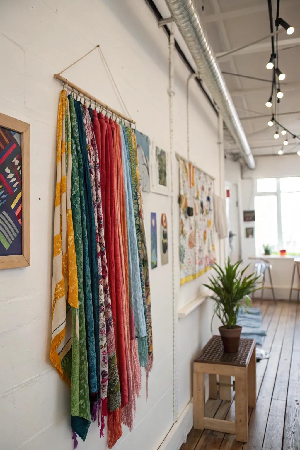 A striking wall hanging crafted from old shirts adds dimension to any wall.