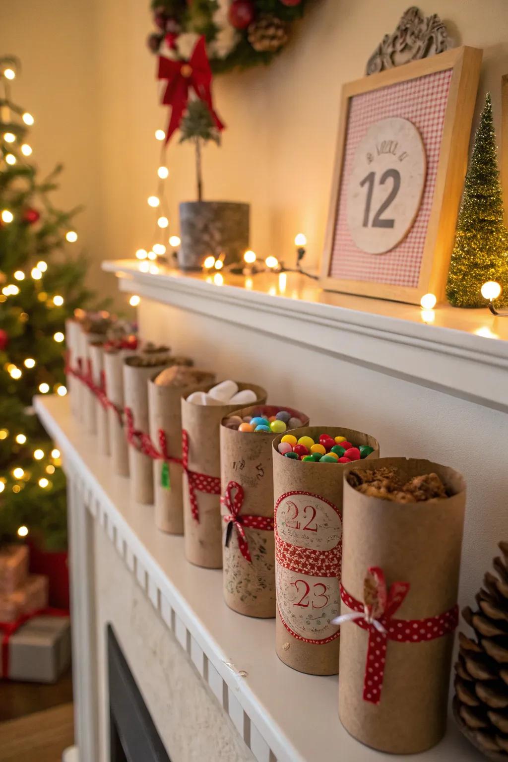 A festive advent calendar made from recycled paper rolls.