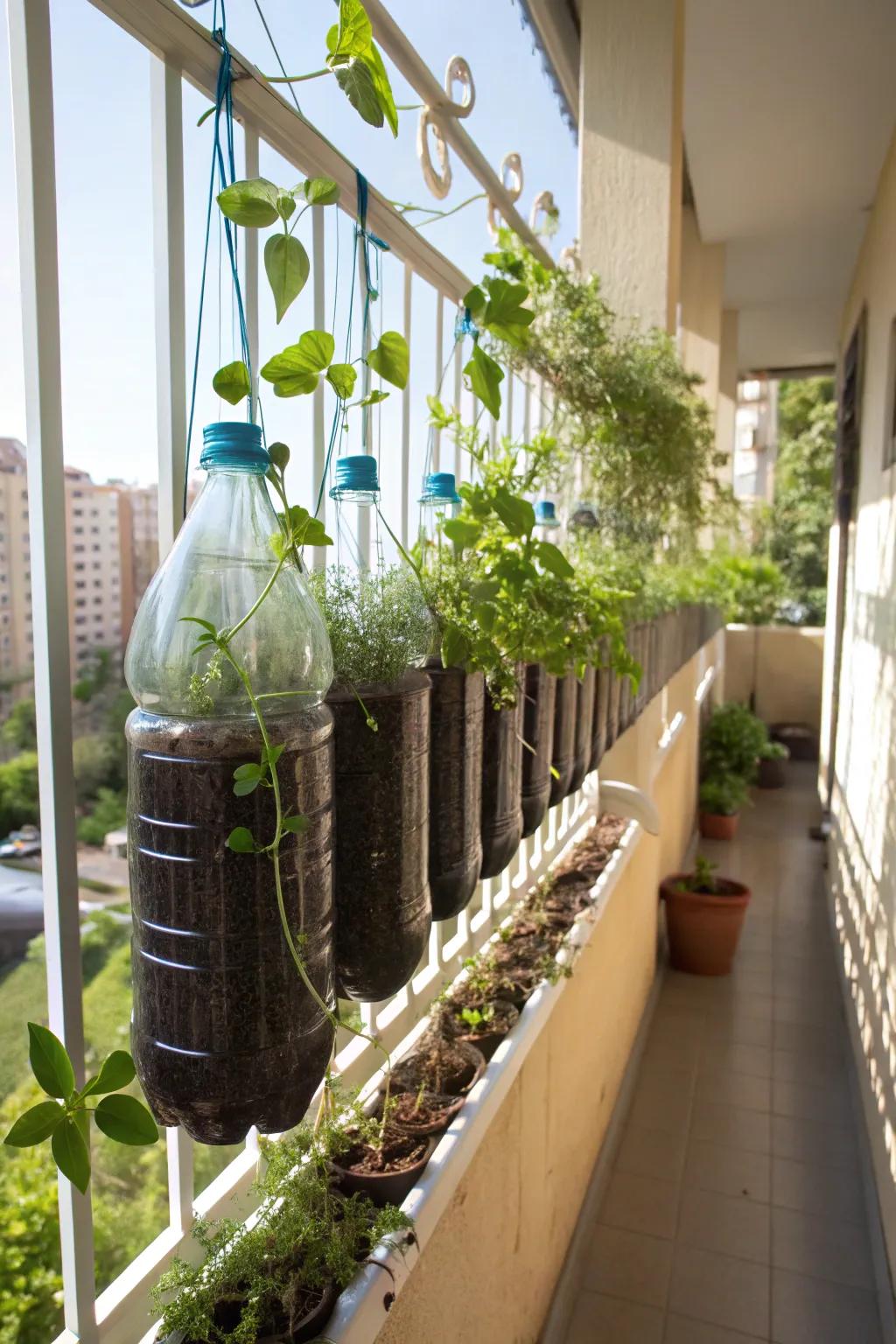 Create a hanging garden with recycled plastic bottles.