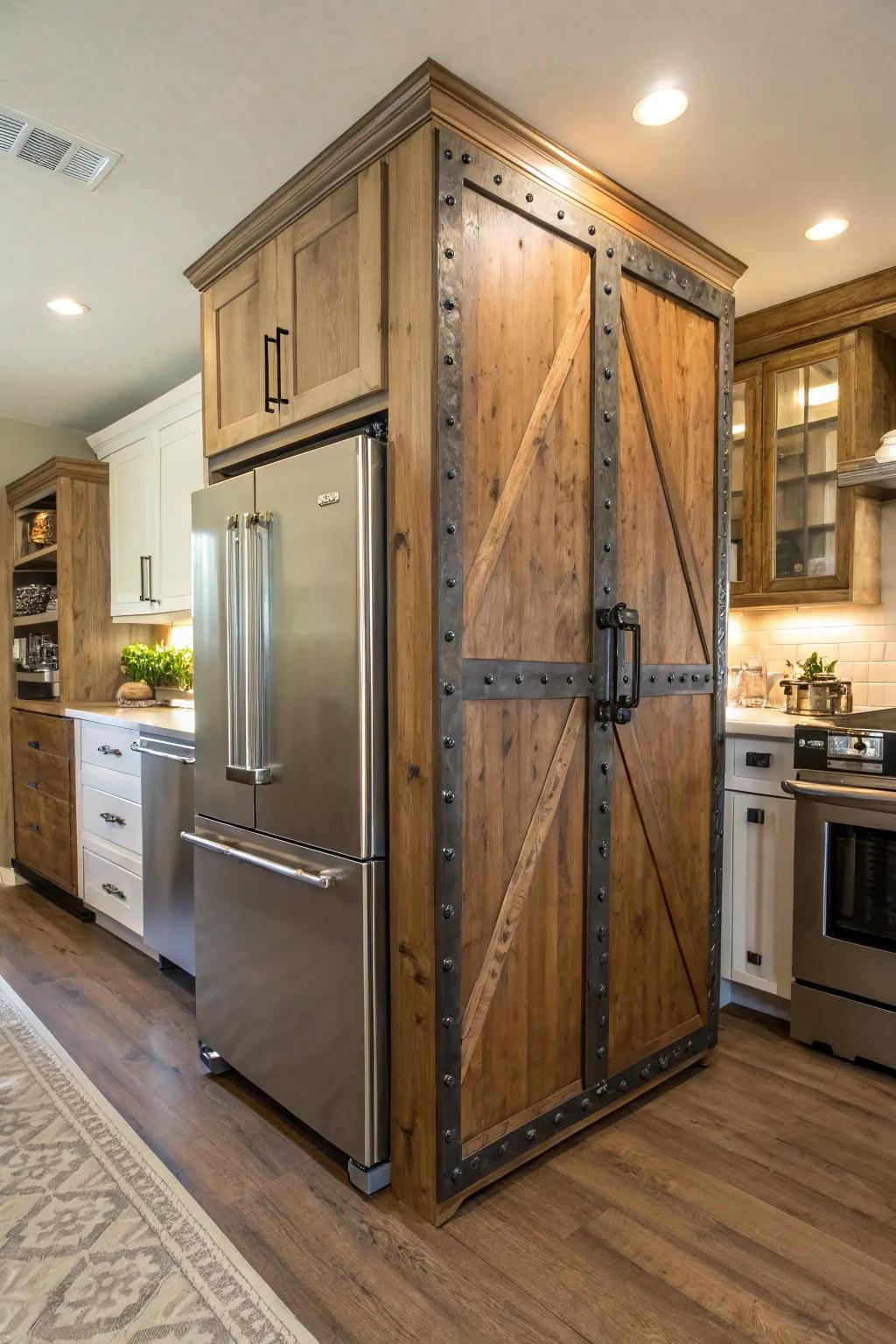 Mixing materials adds depth and modernity to your refrigerator cabinet.