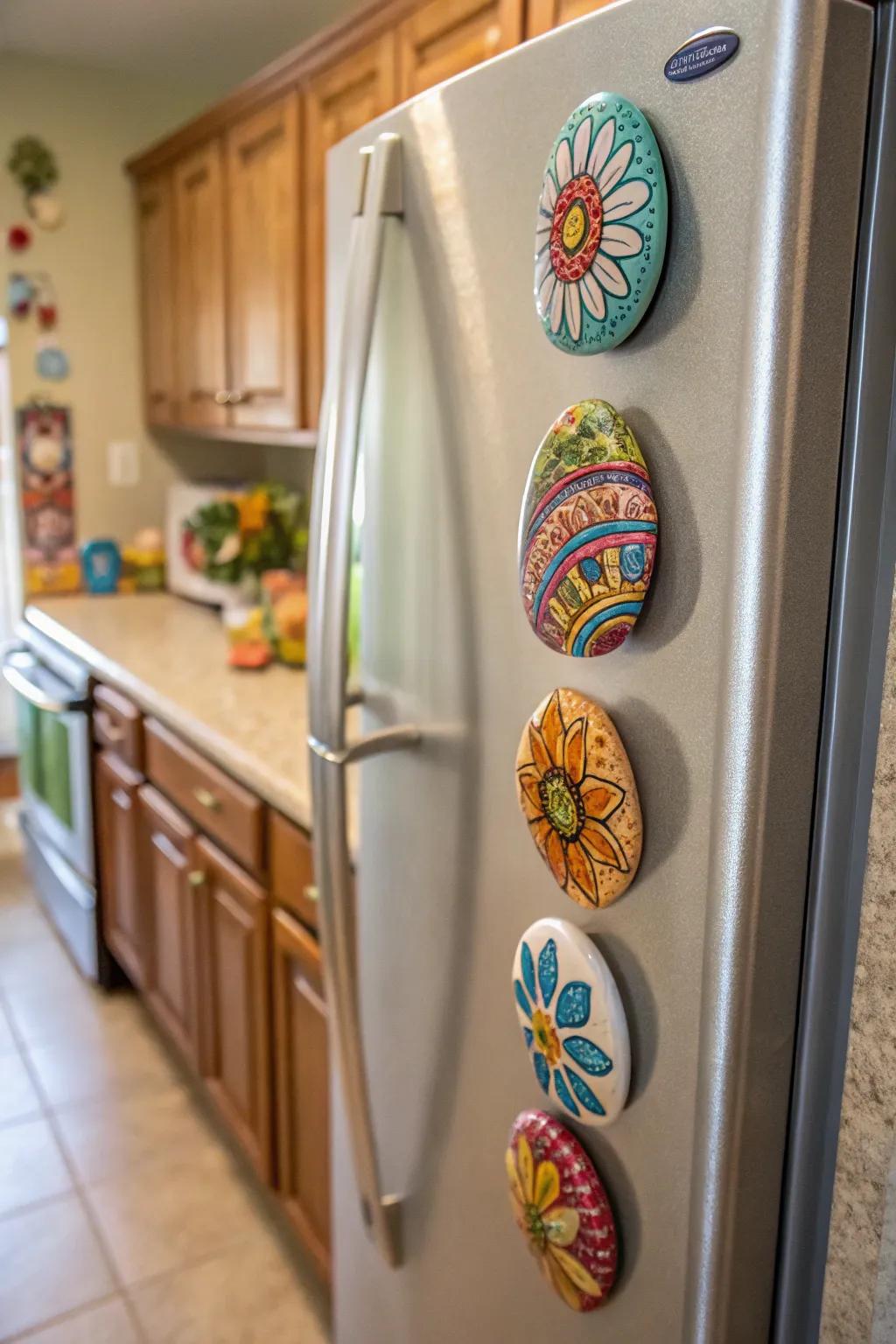 Hand-painted rock magnets add artistic flair to your fridge.