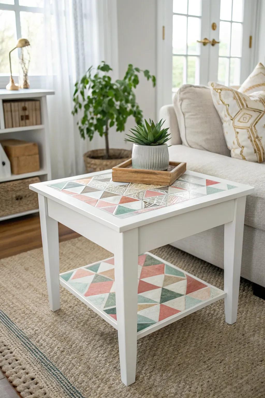 Transform your space effortlessly with bold peel and stick wallpaper on your end table for a chic and temporary refresh.