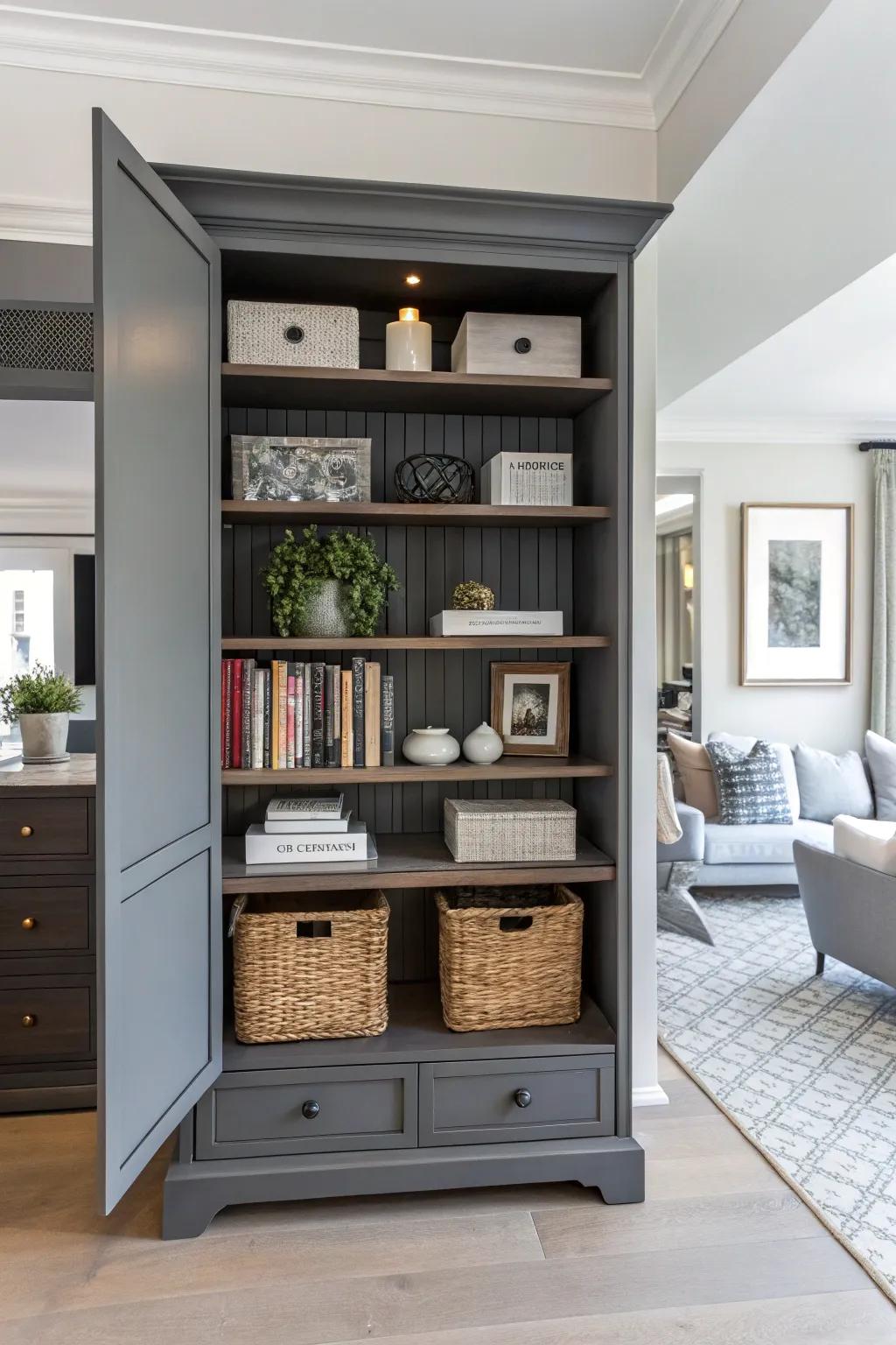 Open shelving conversion gives an armoire a fresh, modern functionality.