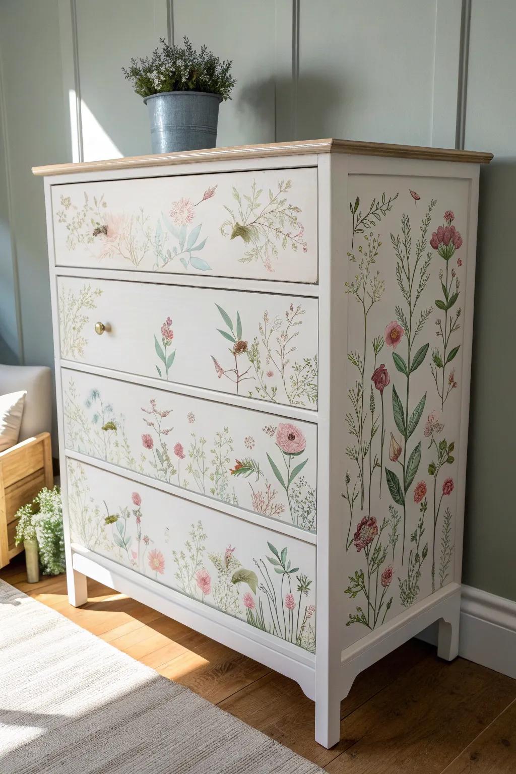 Transform your space with a touch of floral whimsy—simple decals for a stunning dresser makeover.