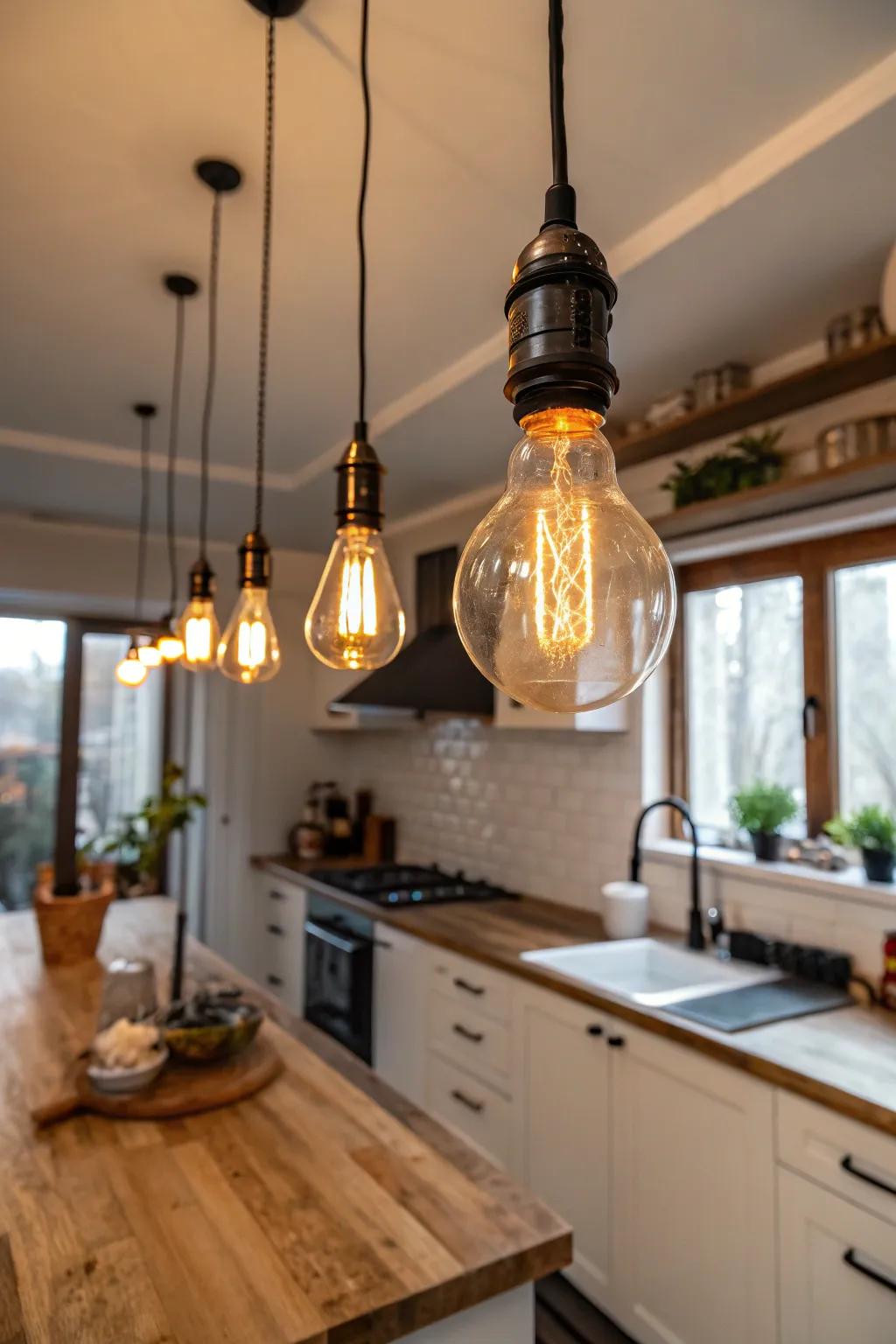 Edison bulbs add warmth and style to a rental kitchen's lighting.