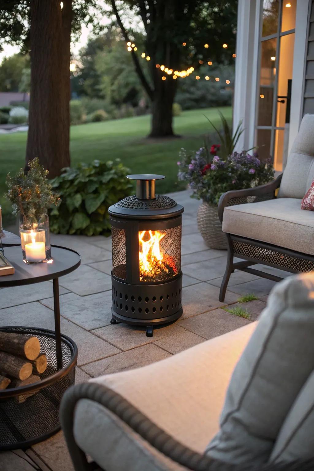 A fire pit adds warmth and a cozy focal point.