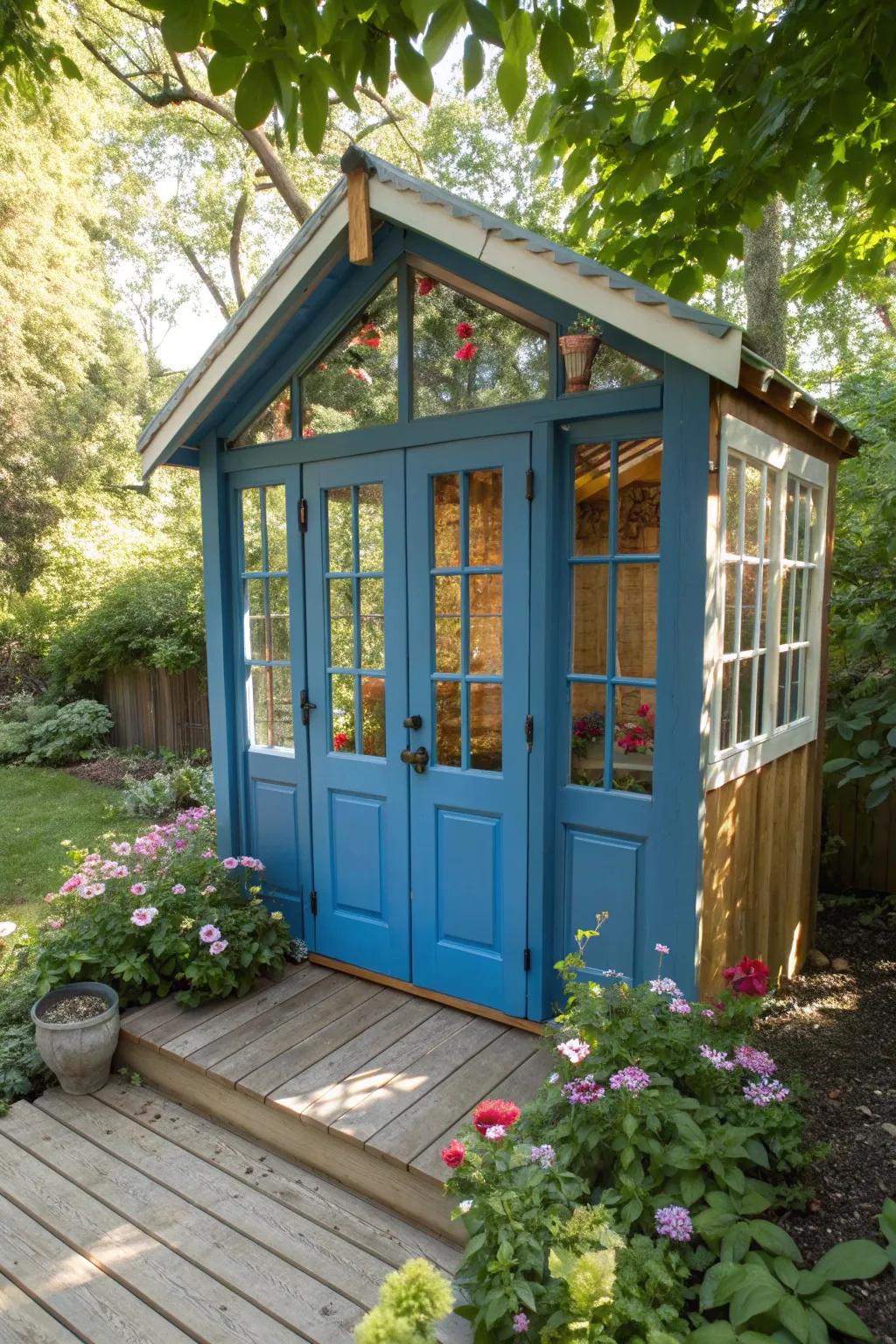 Transform French doors into enchanting playhouse windows for a touch of magic in the backyard.