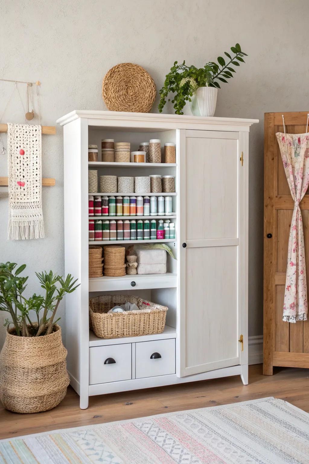 Transform your space with a chic craft room cupboard, blending minimalist elegance and boho flair.
