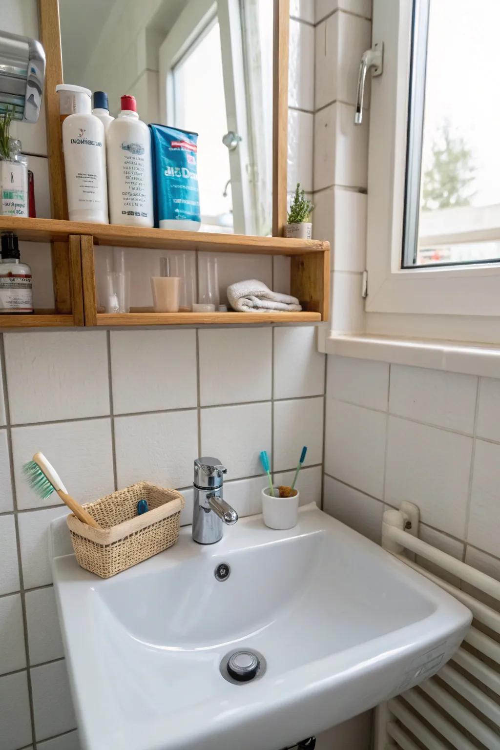 Over-the-sink shelves are perfect for keeping essentials handy.