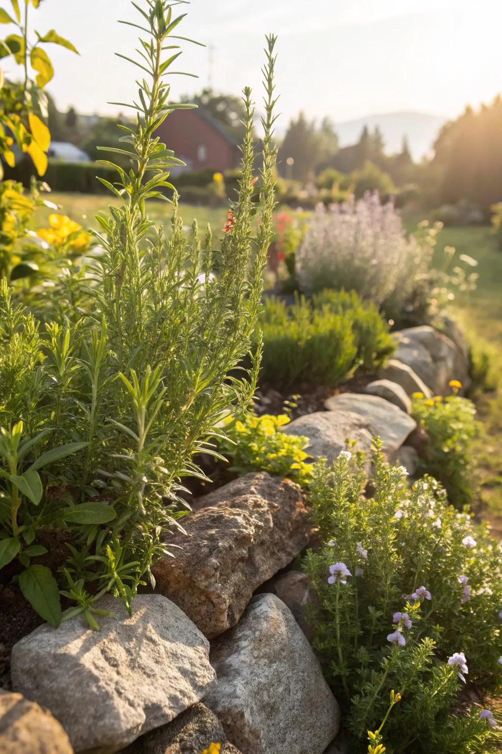 Aromatic herbs like thyme add sensory appeal to a rock garden.