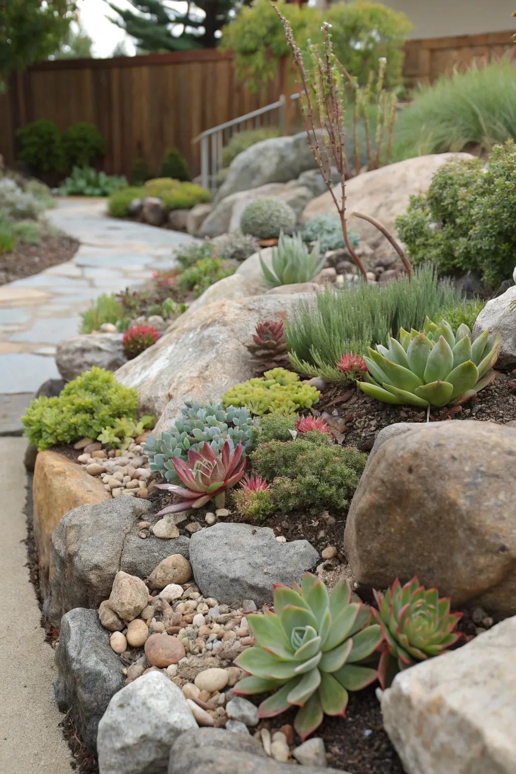 Rocks and succulents combine for a beautiful, low-maintenance garden design.