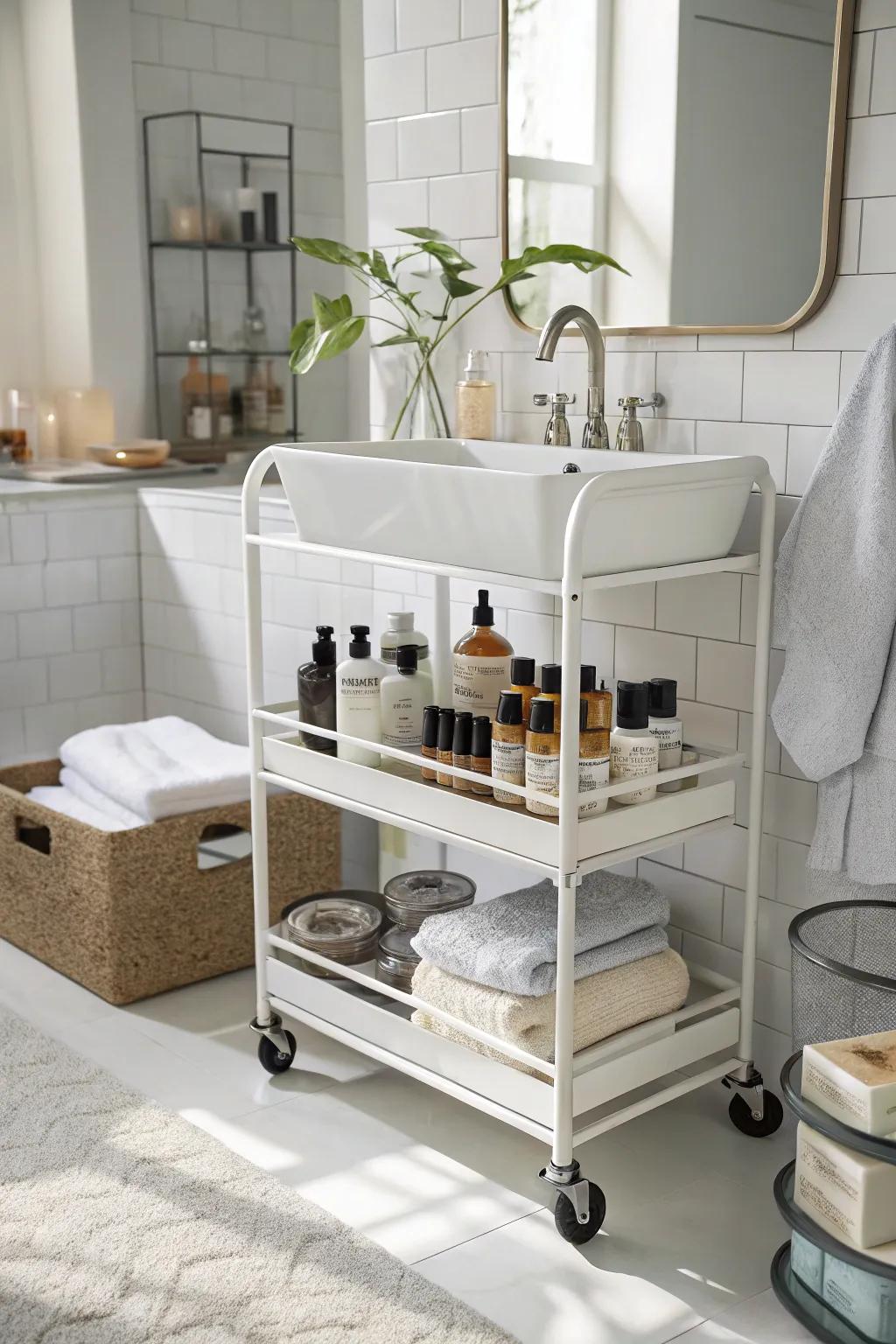 A bathroom beauty station for organized self-care.