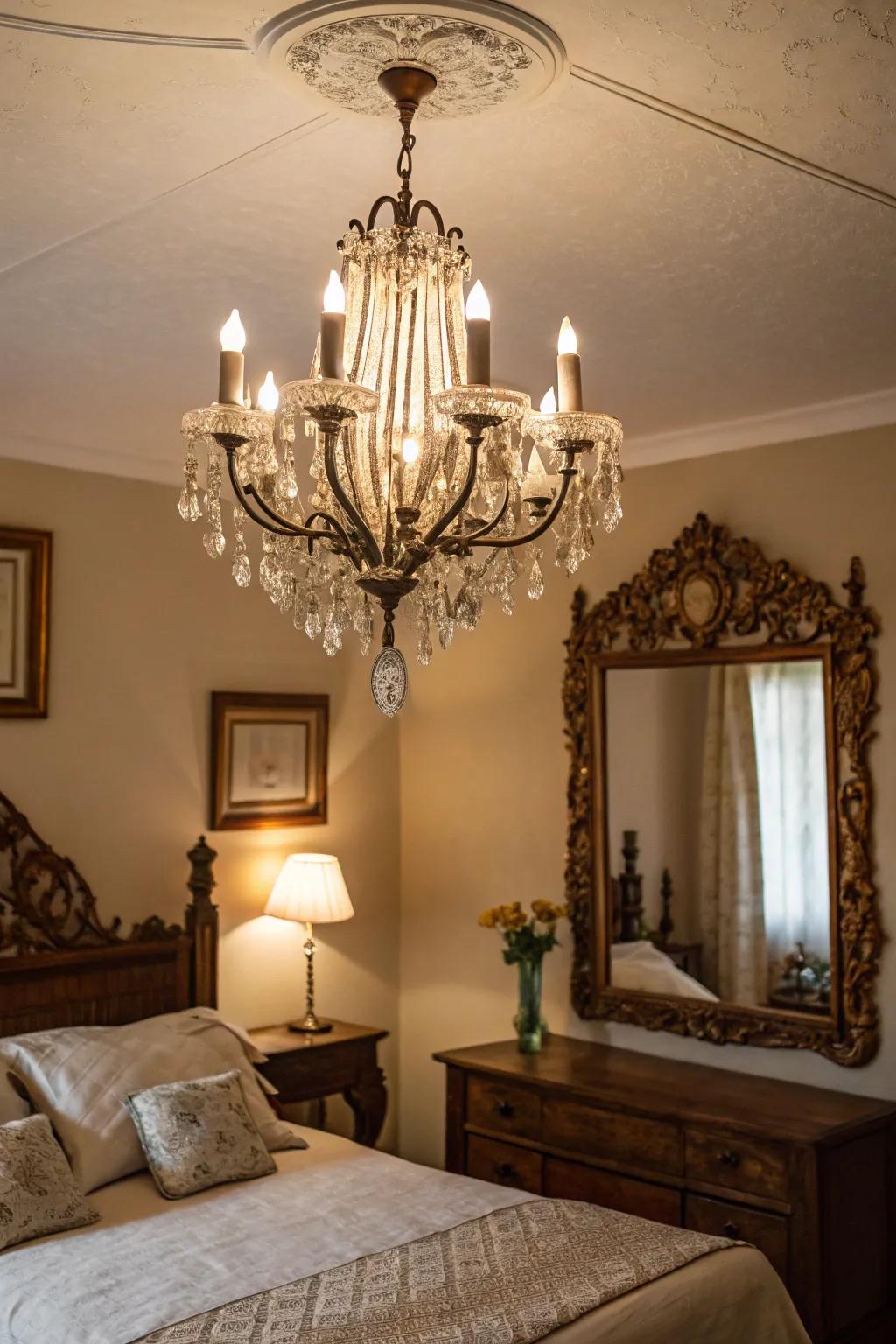 Vintage elements like a chandelier and mirror add charm and character.