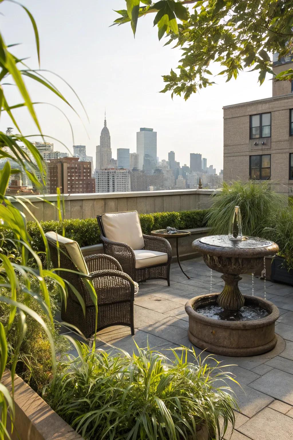 A water feature introduces tranquility and elegance to your rooftop.