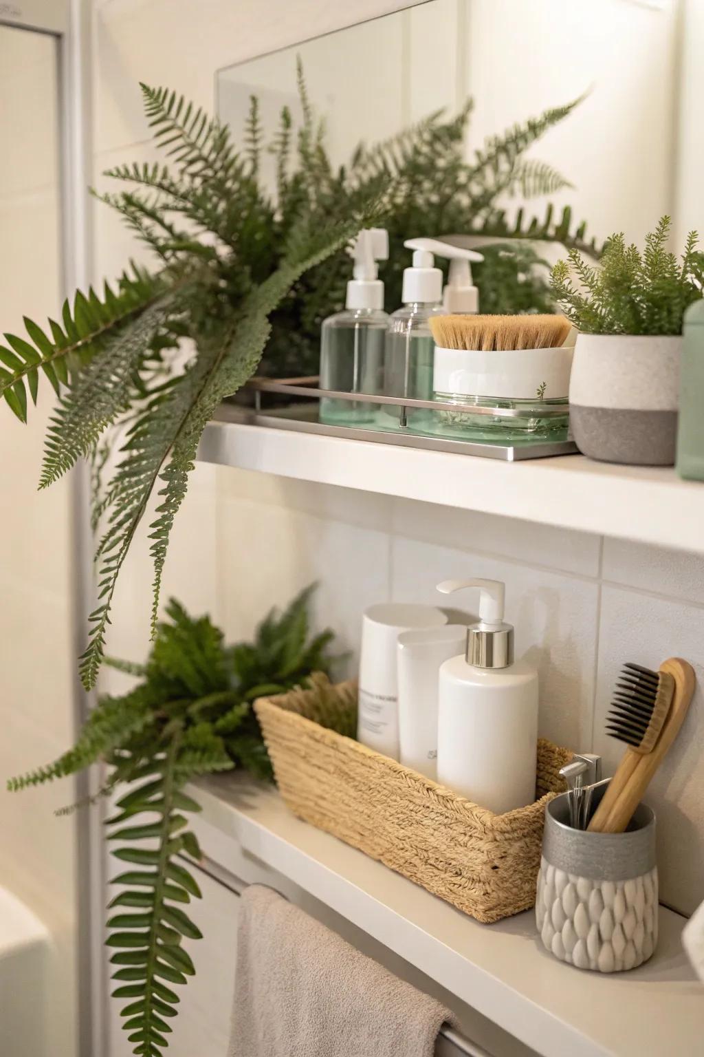 Bathroom shelf adorned with calming faux ferns.